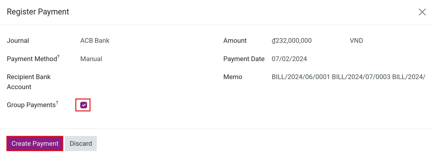 Activate the Group payments feature in the Viindoo Accounting app