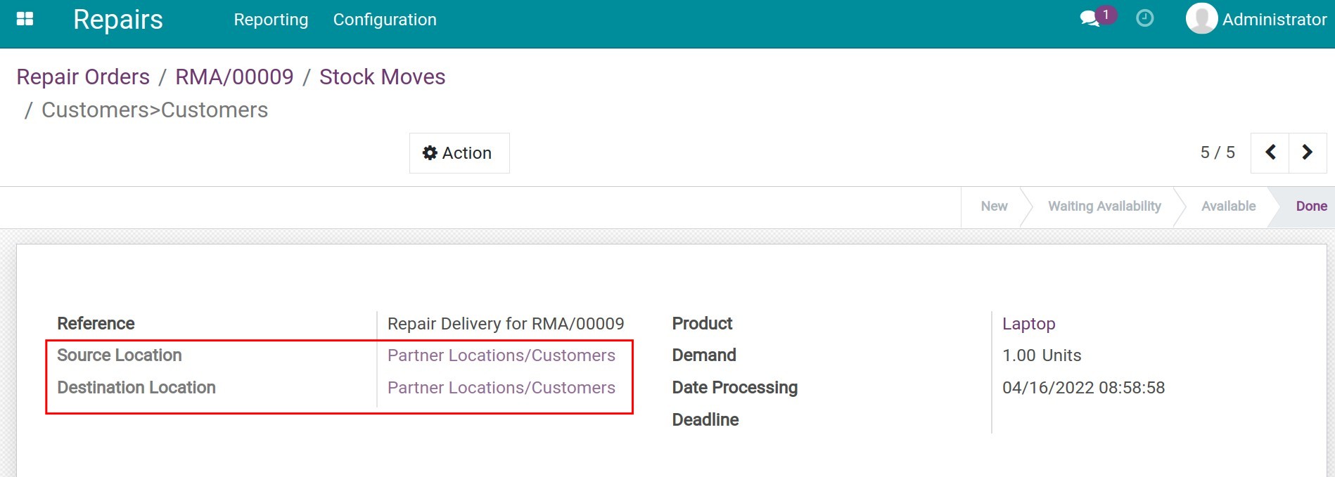 Stock moves of the repair delivery.
