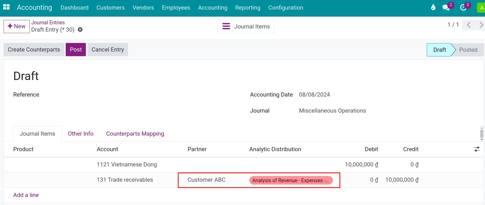 Use the default admin account on the journal entries - Viindoo Accounting