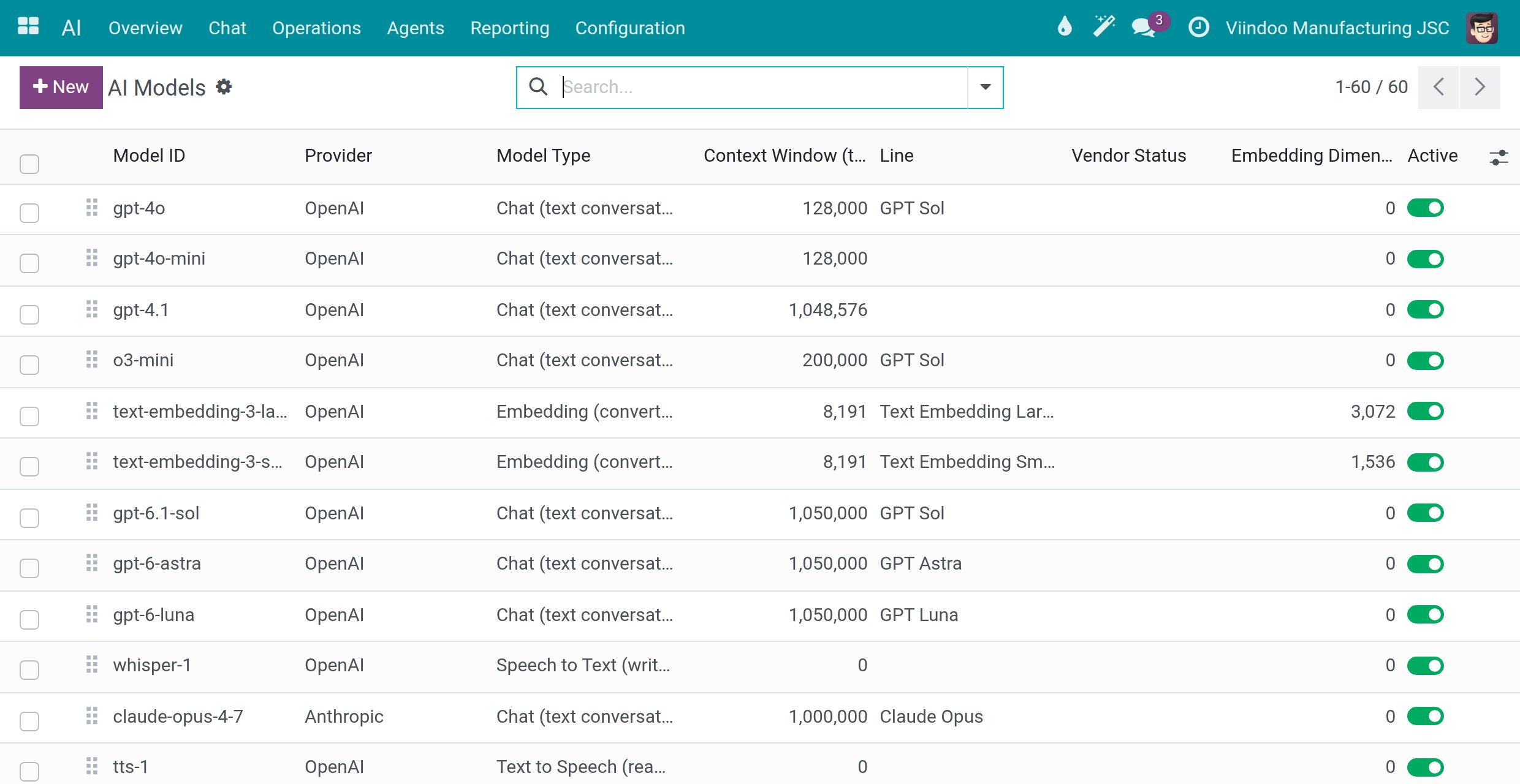List of AI models with provider, model type, context window, line, vendor status and embedding dimension