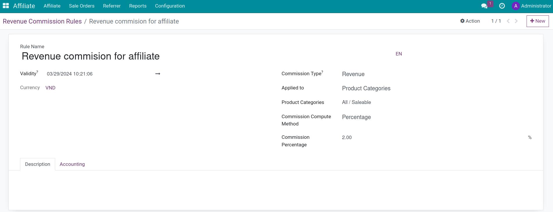 Revenue commission rule in Viindoo Affiliate
