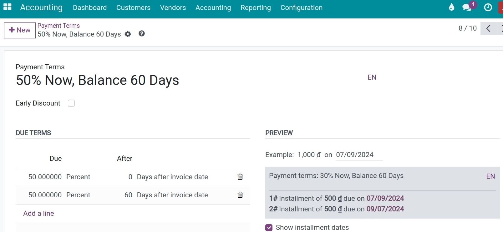 Percent payment terms - Viindoo Accounting