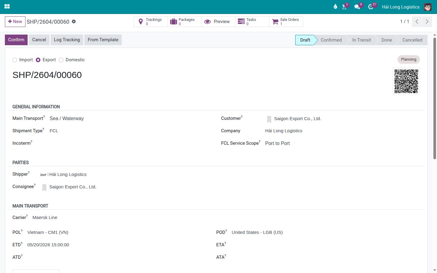 Shipment linked to the sales order, with the Charges tab showing revenue, cost, and gross profit lines.