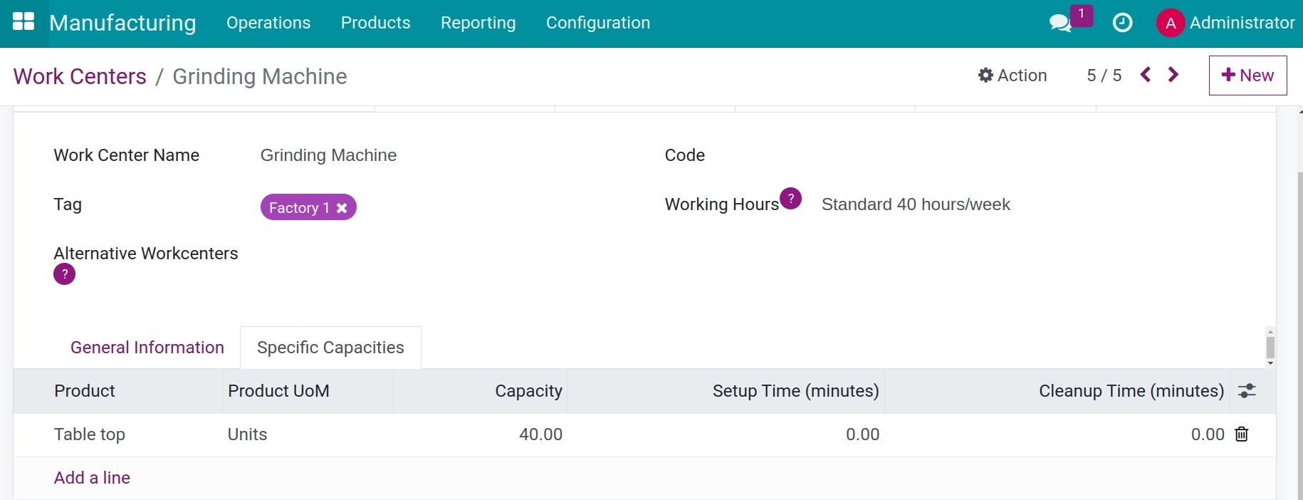 Specific Capacities Tab in Work Center