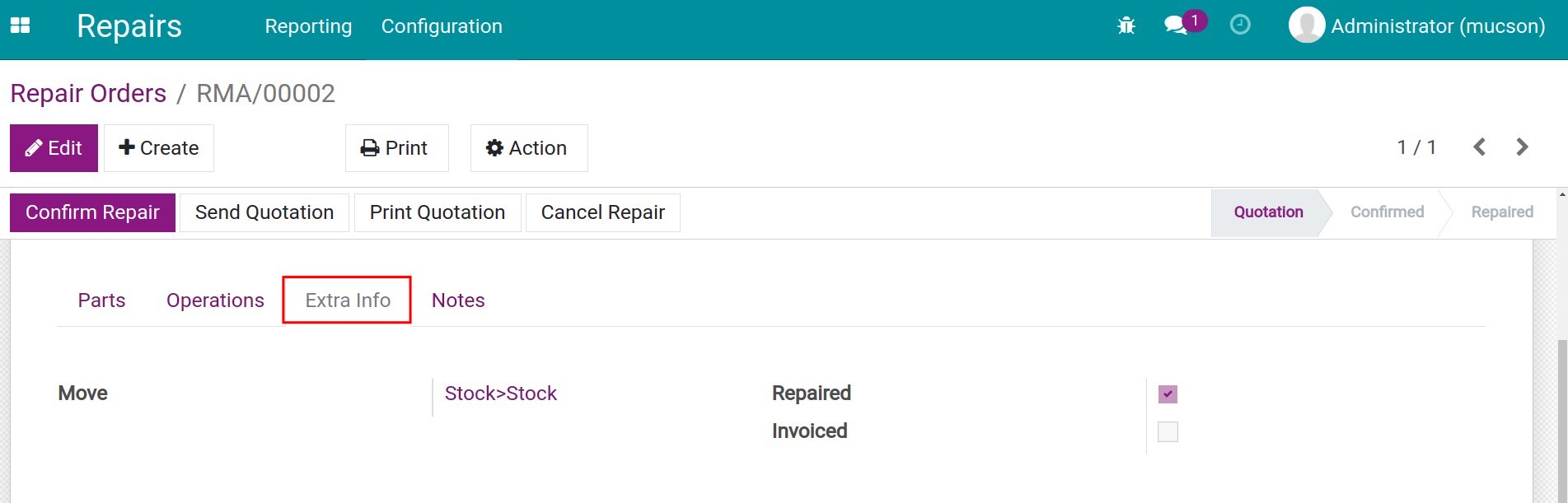 Extra info tab on the repair order.