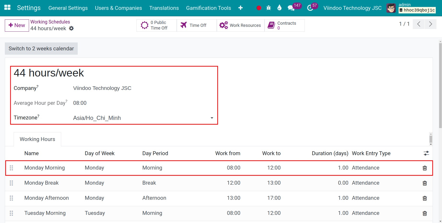 Viindoo interface of creating working times