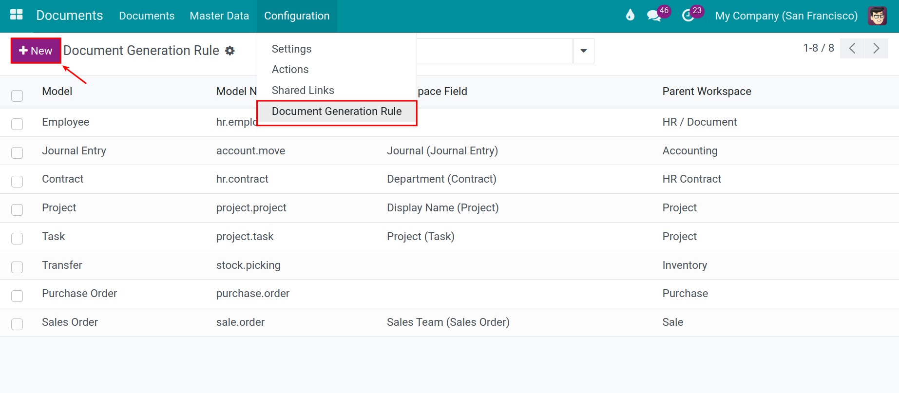 Create a new document generation rule