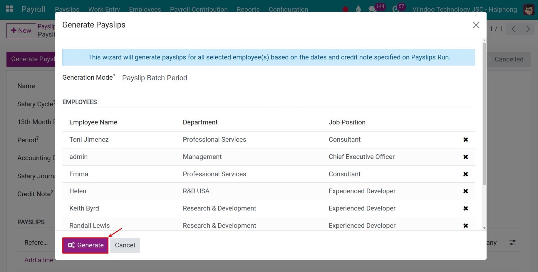 Generate payslips - Payroll management software Viindoo