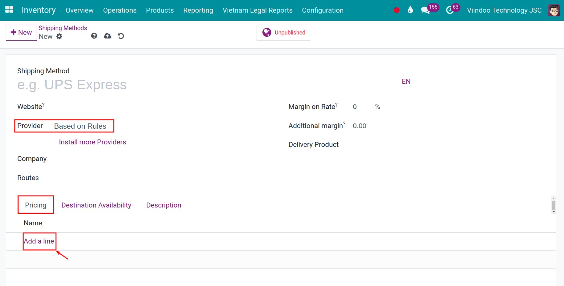 Add a line for pricing rules in the Viindoo Inventory app