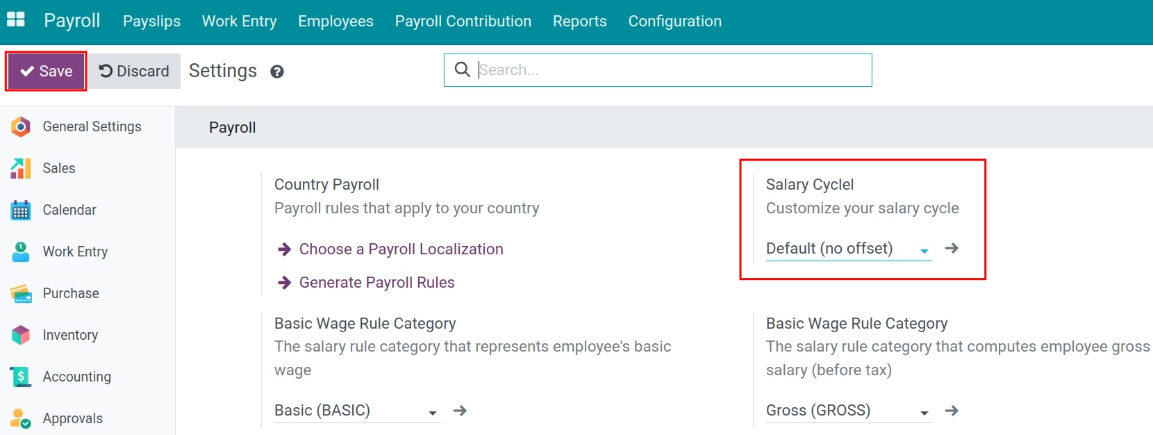 Configure the default salary cycle for the company