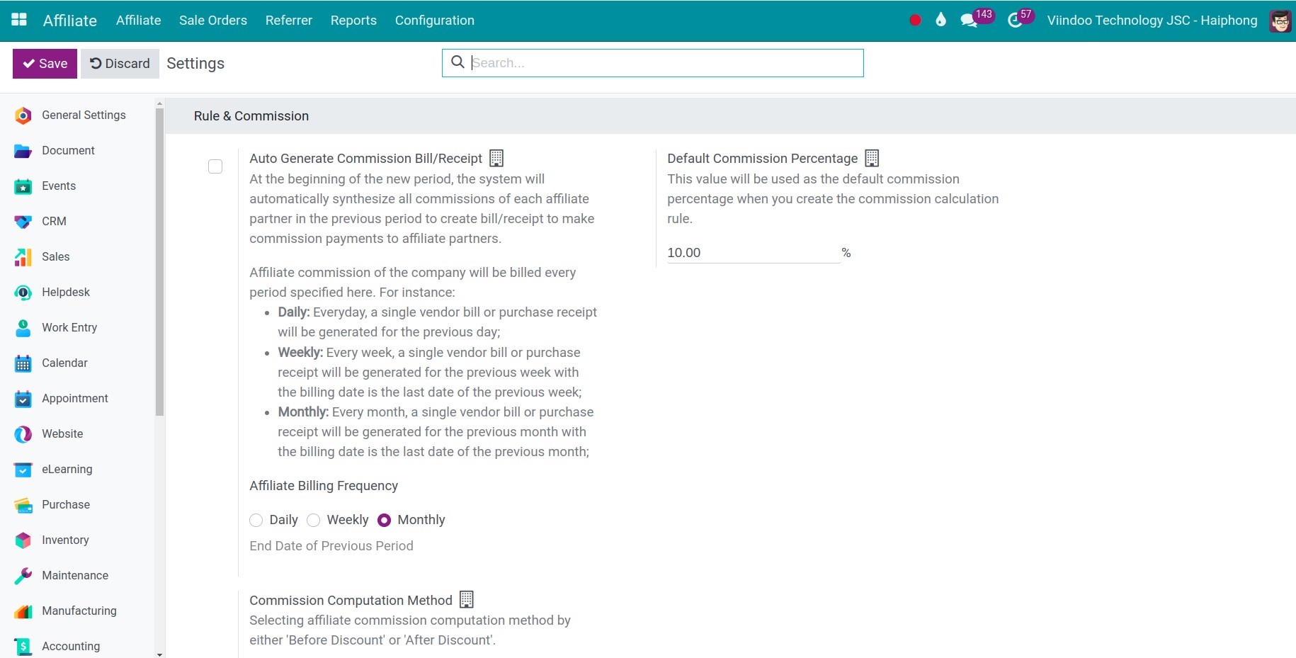 General setting Affiliate Viindoo