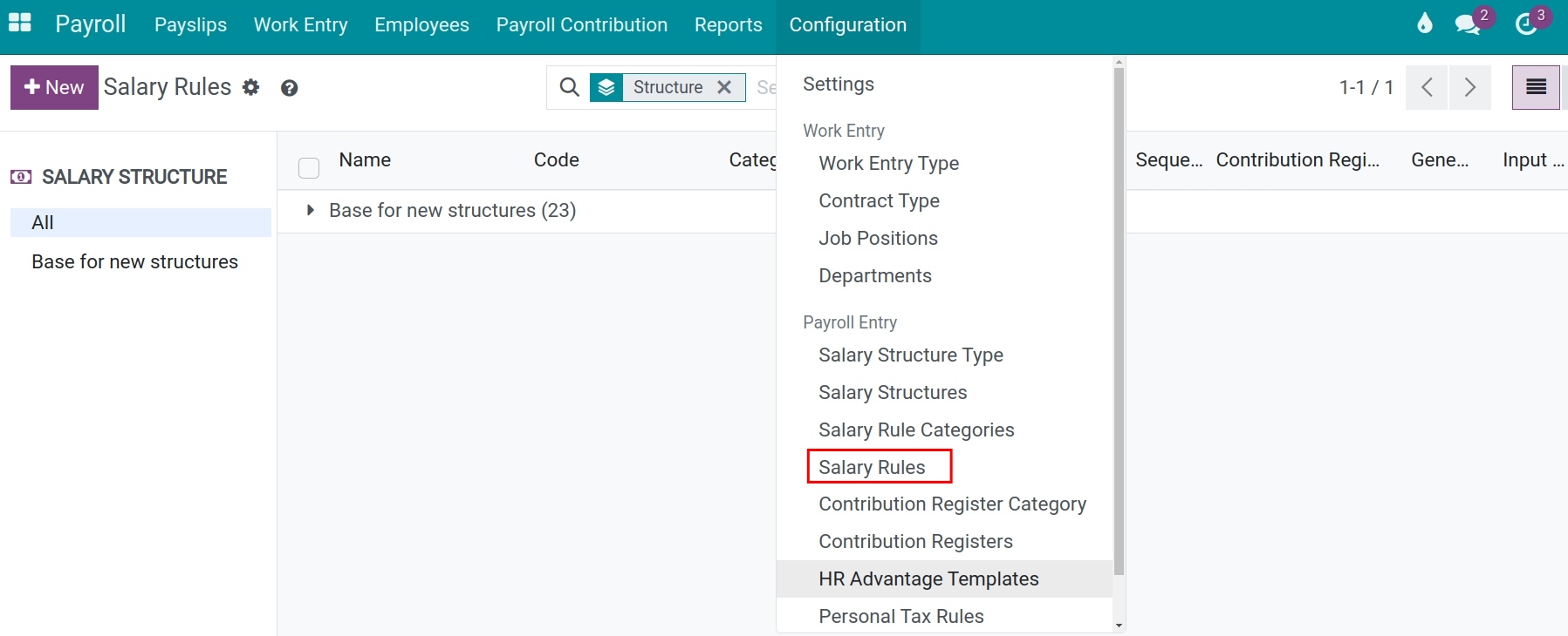 Access the list of salary rule Payroll Viindoo