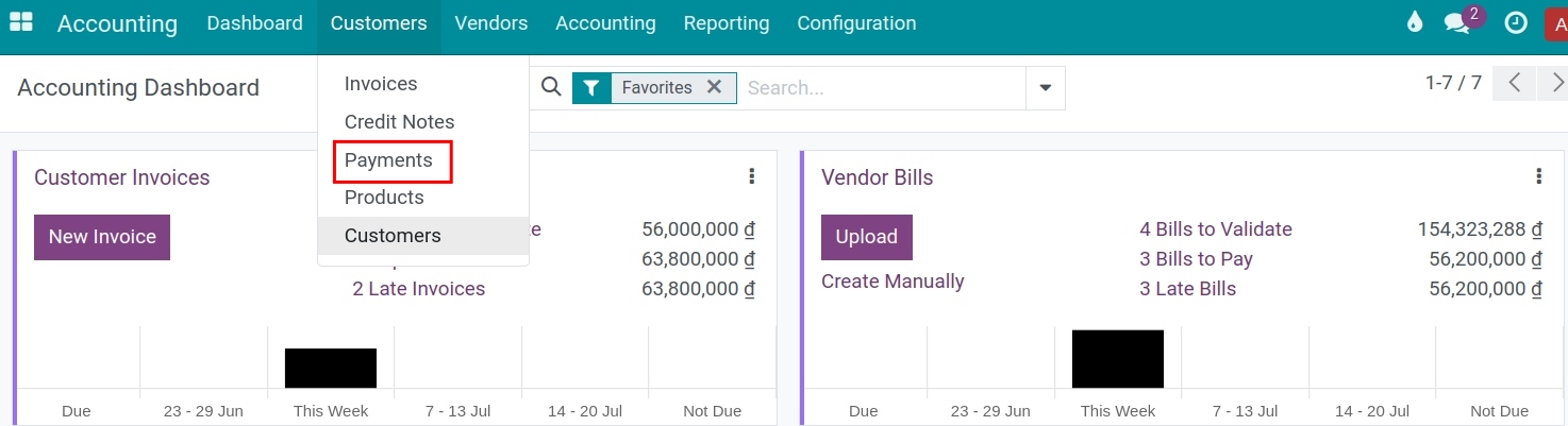 Enter payments from customer menu
