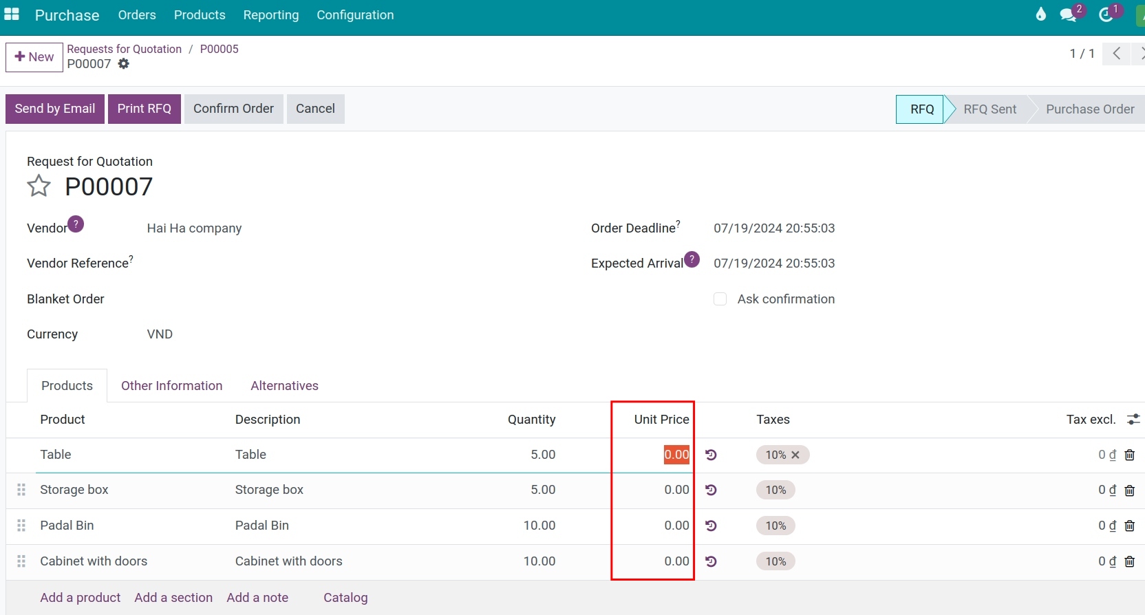 Update vendor price on Requests for quotation