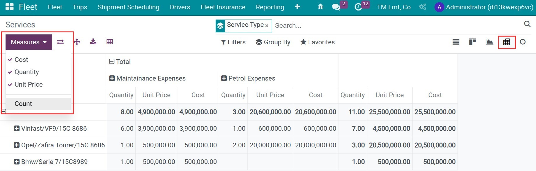 Vehicle costs report