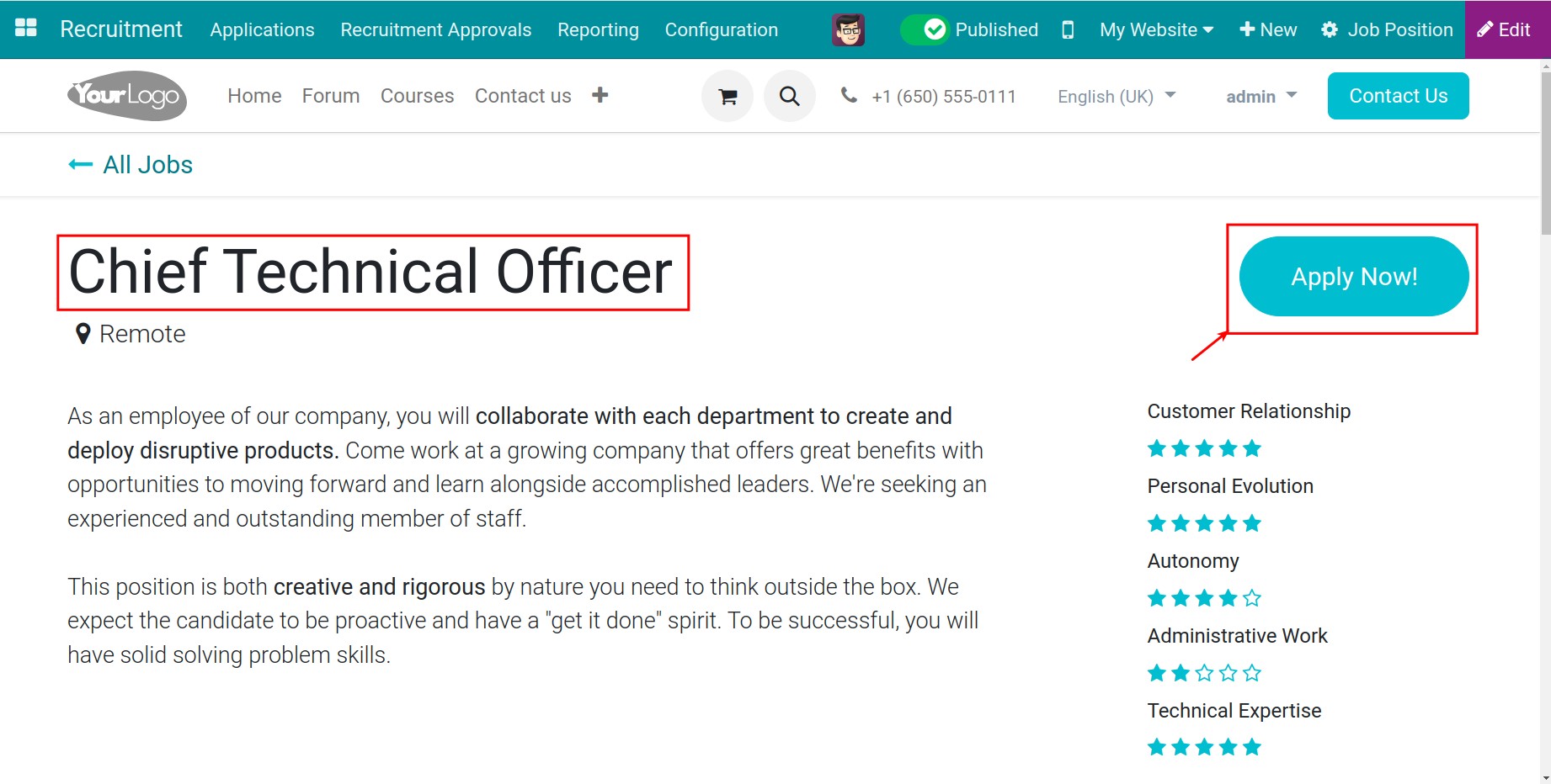 Published job positions on website