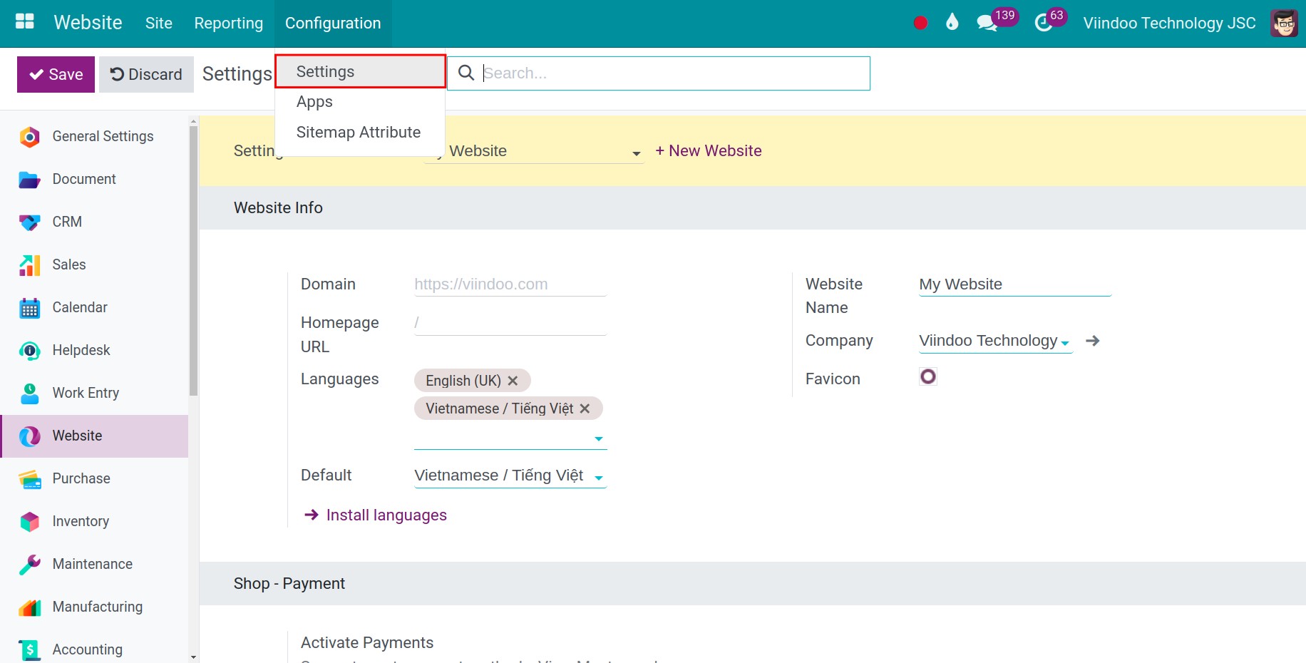 Set up the Website app