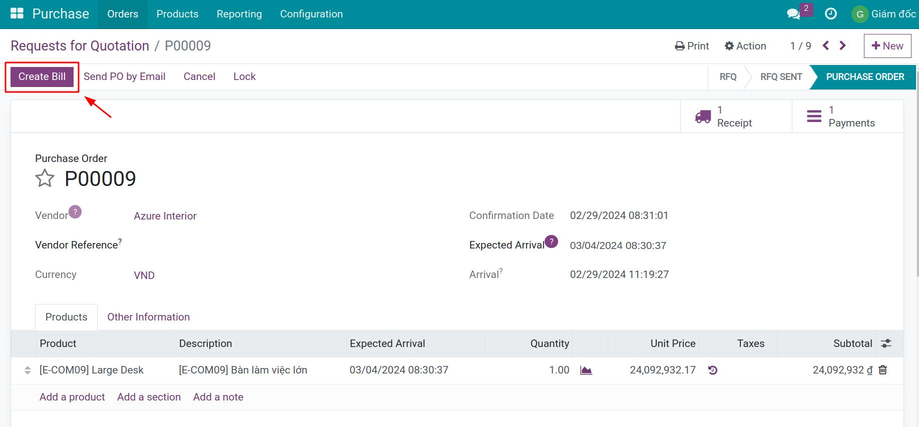 Create invoice in purchase order