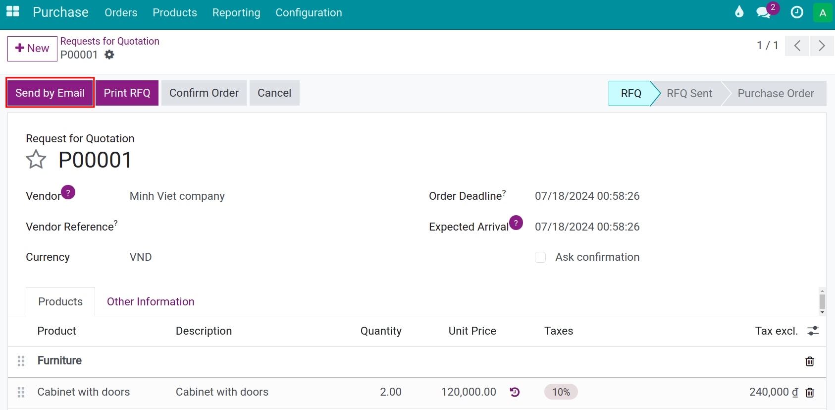 Send email directly request for quotation Purchase app ERP Viindoo