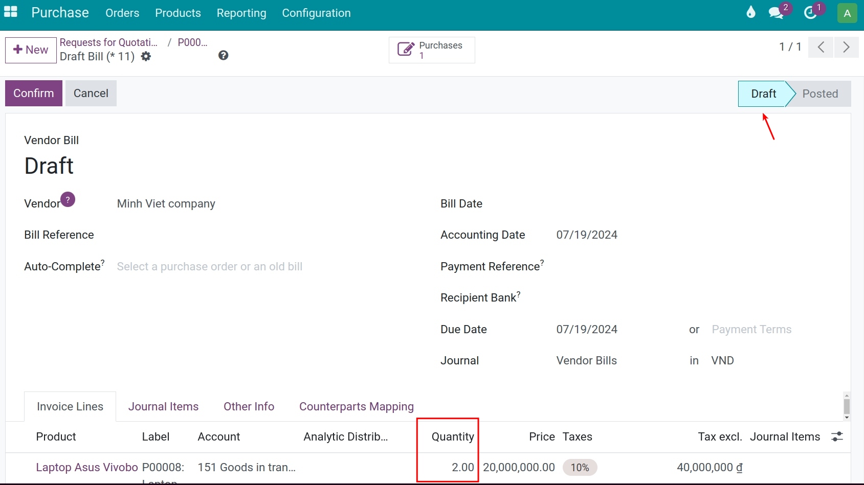 Vendor bills depending on ordered quantities