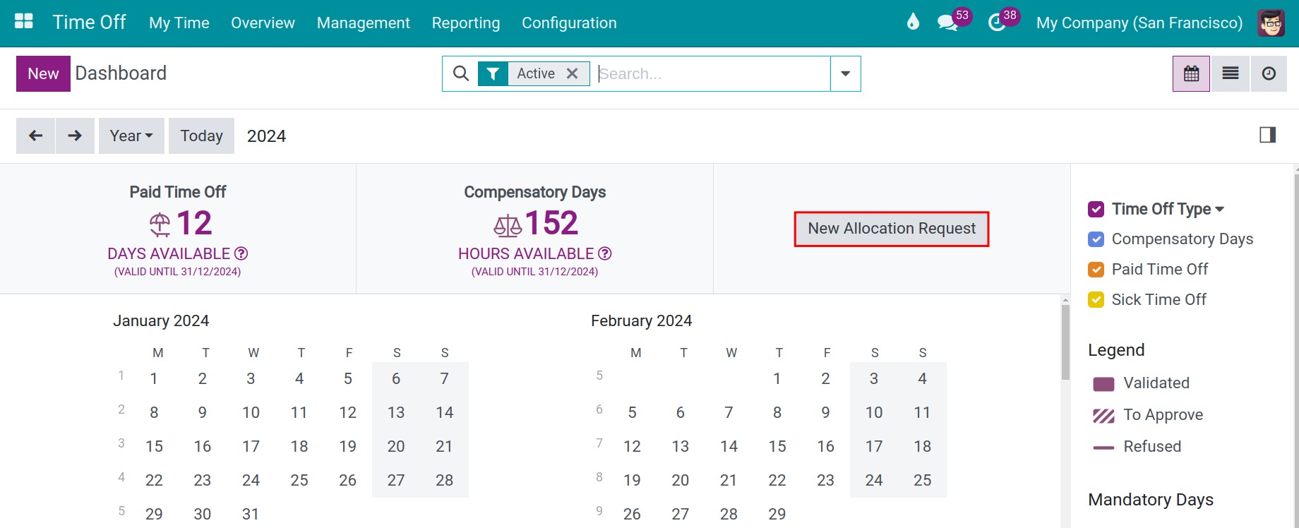 Creating a new allocation request in Viindoo Time-off Management Application