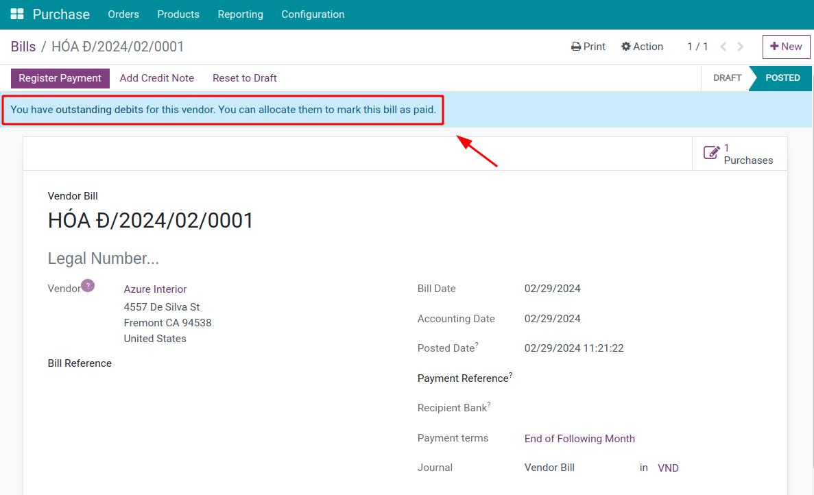 Notification about the advance payment of a vendor