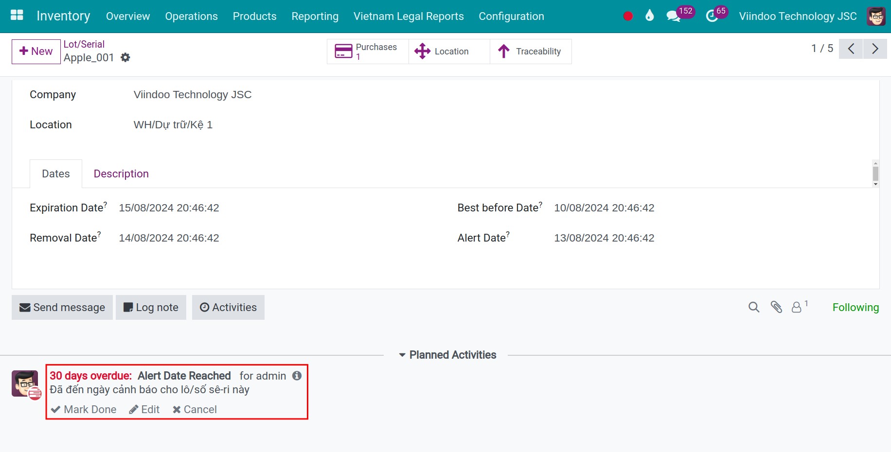 schedule activity on lot/serial number