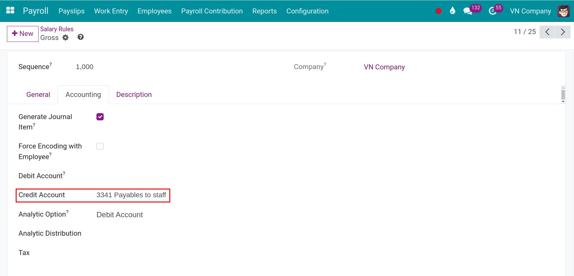 Accounting accounts configuration for gross salary rule - Viindoo payroll accounting
