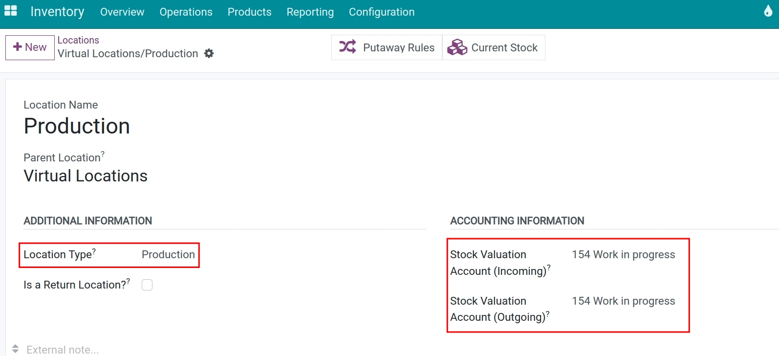 Configure the accounting account for the production location