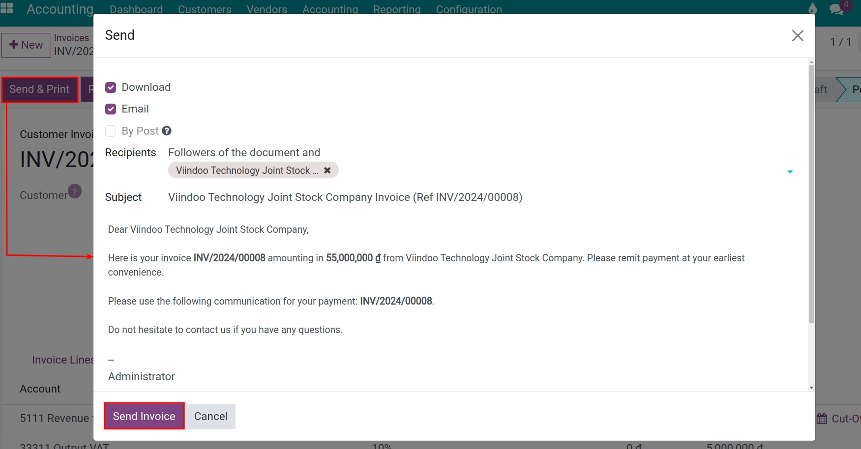 Send an invoice via email - Viindoo accounting app