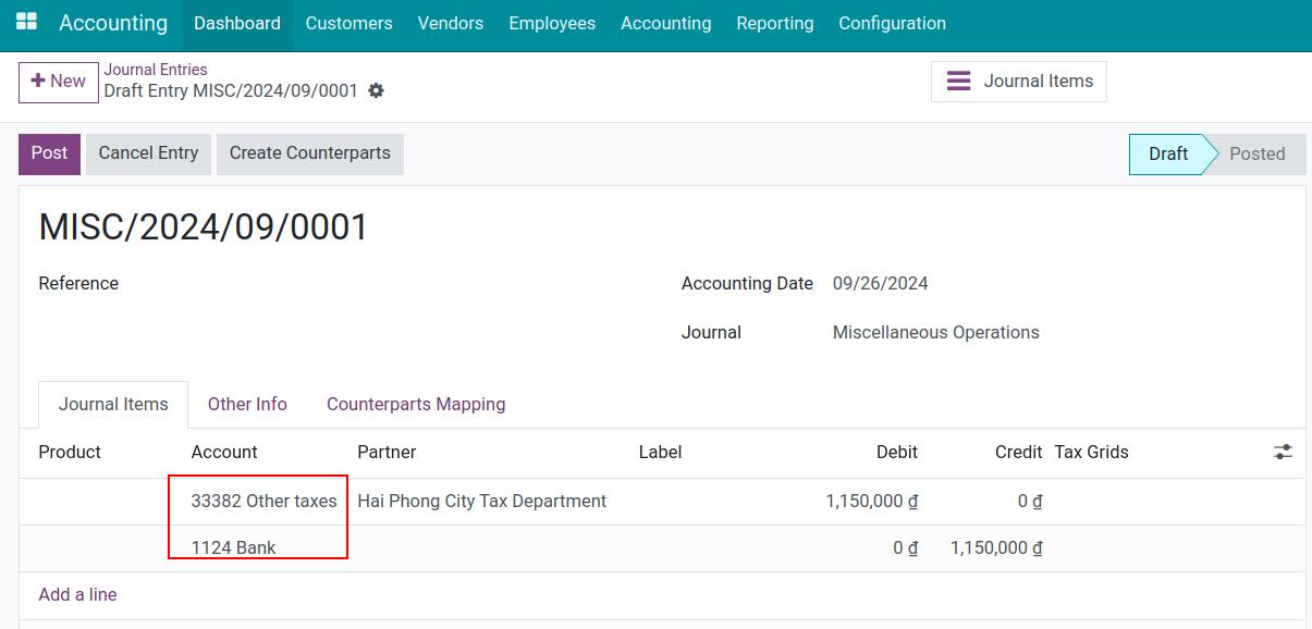 Accounting for payable tax on journal entries
