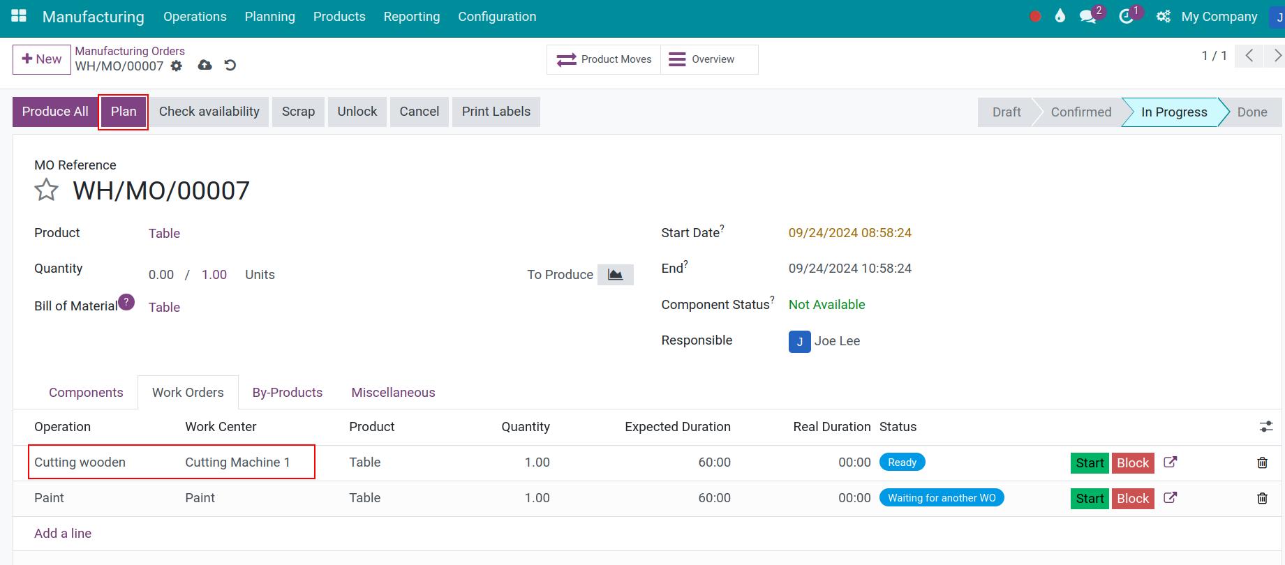 Manufacturing order with overlapped work center