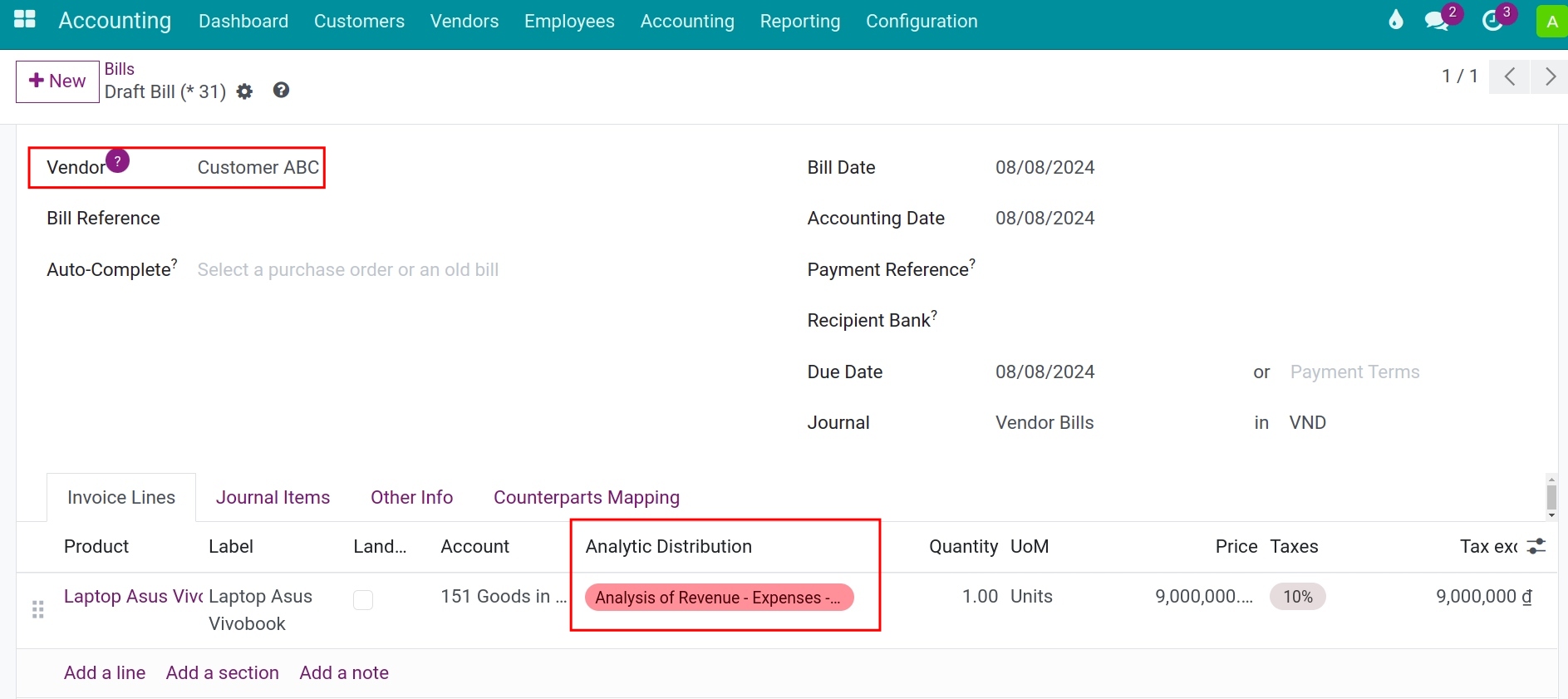 Use the default admin account on the vendor bill - Viindoo Accounting