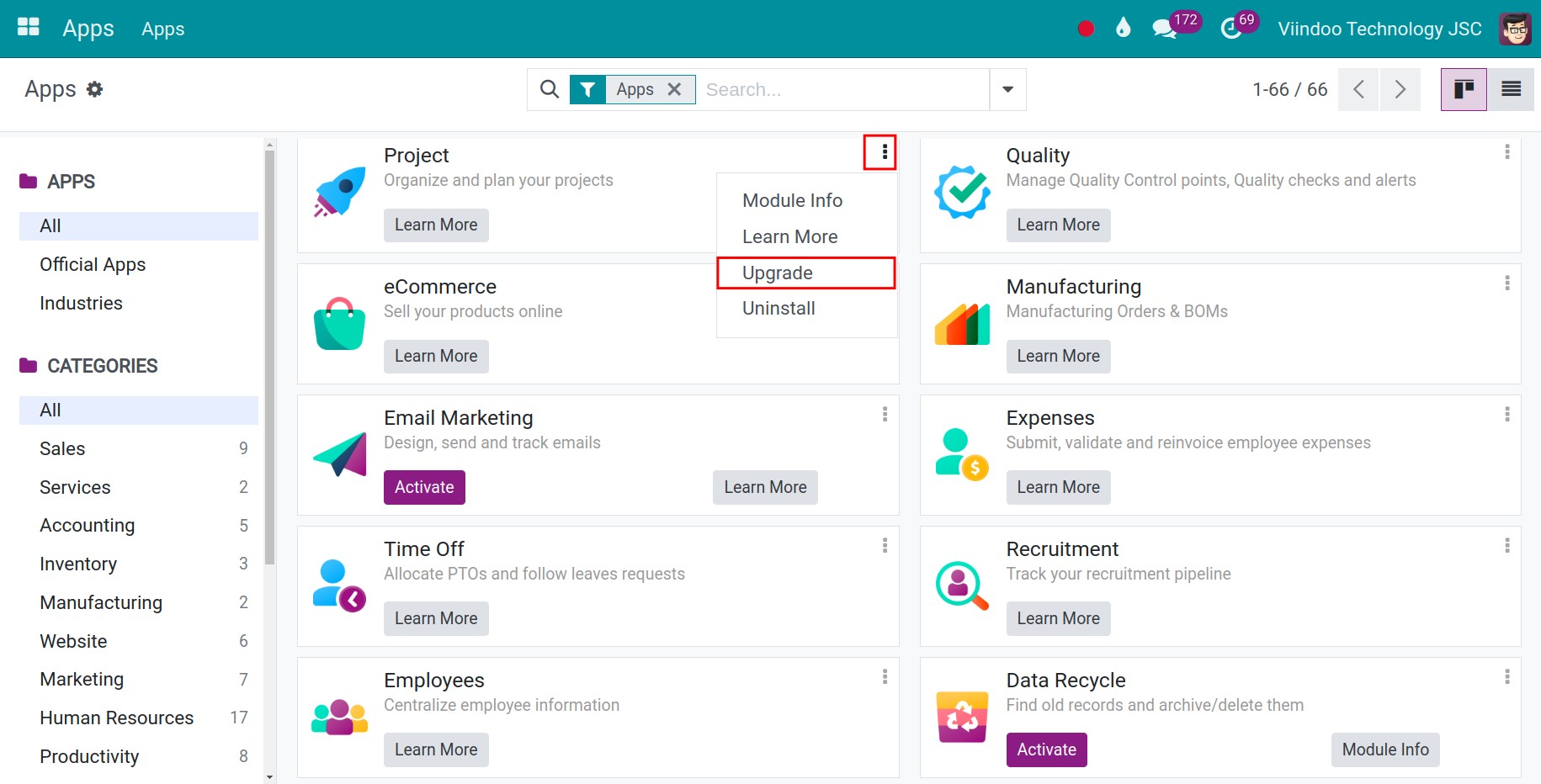 Upgrade apps and modules in Viindoo