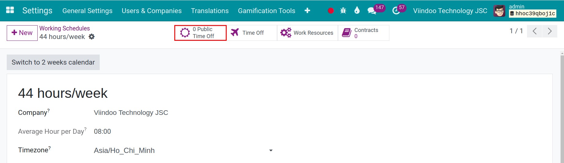Viindoo interface of global time off on working times