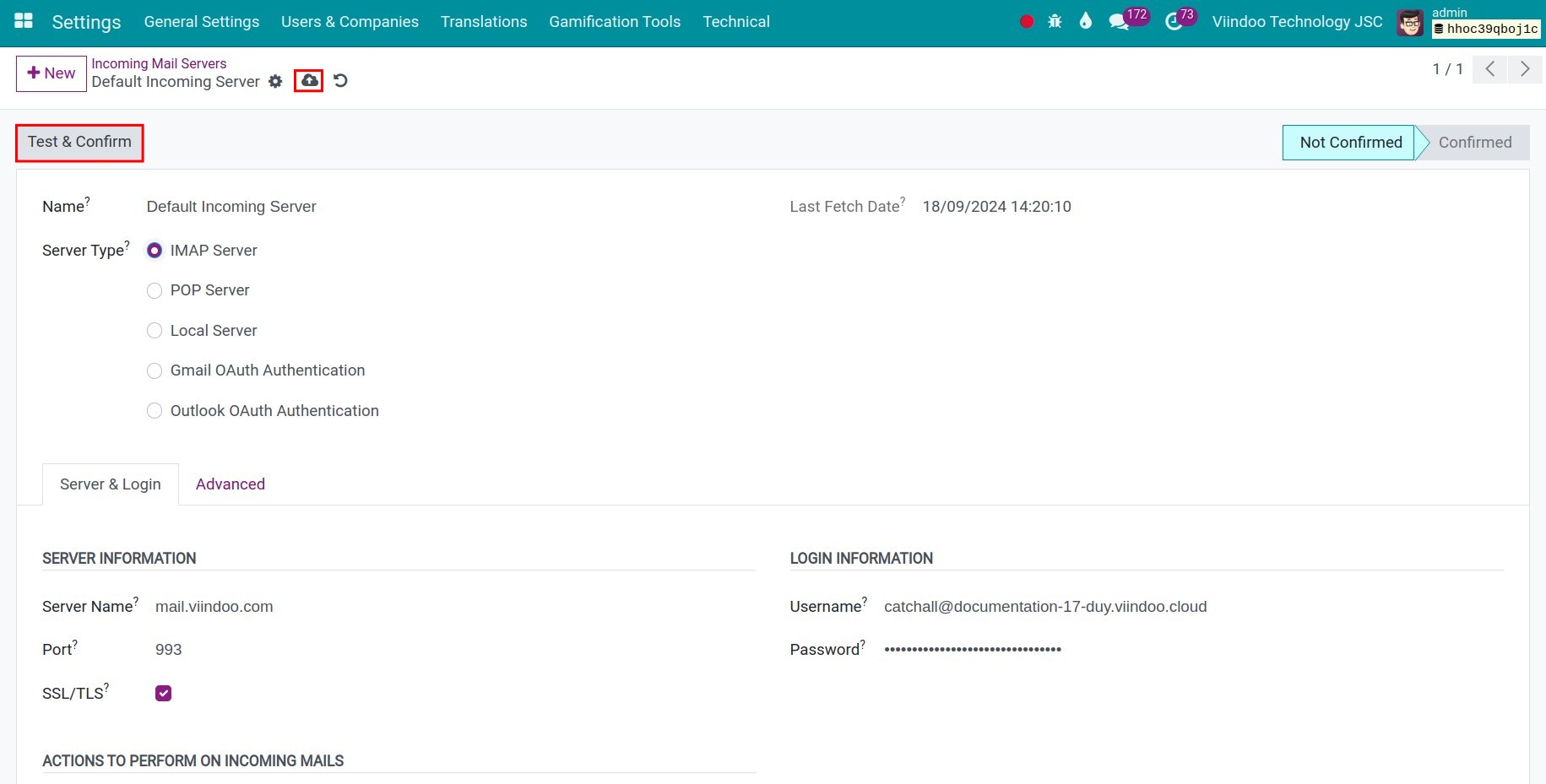 Fill in the information for your incoming mail server