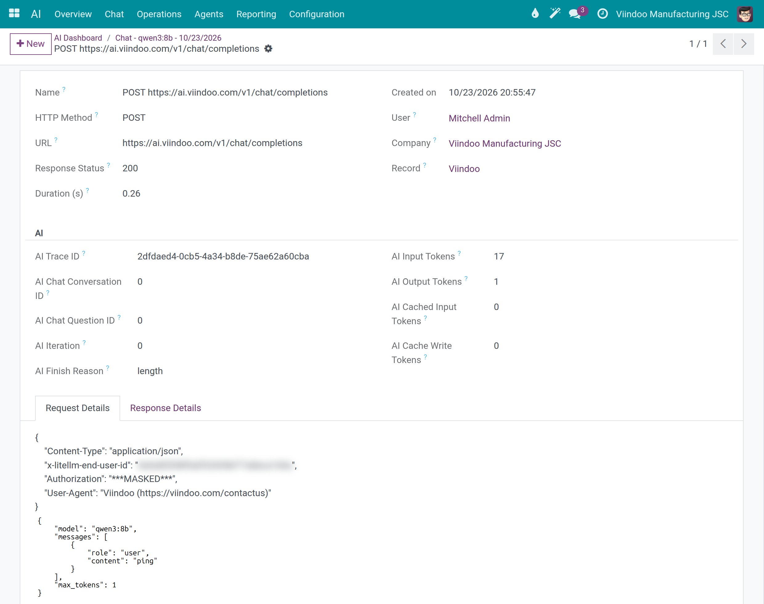 The Request Details tab of the raw HTTP record with the Authorization header masked and the user identifier header blurred
