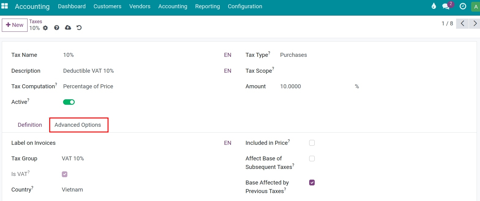 Advanced options tab on the tax creation view in Viindoo