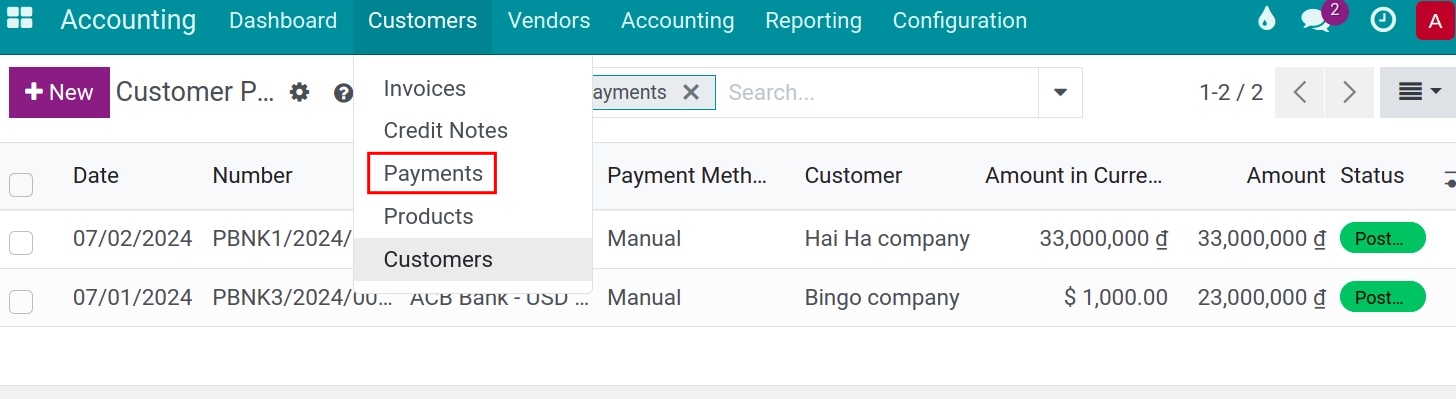 Create stand-alone payment - Viindoo Accounting