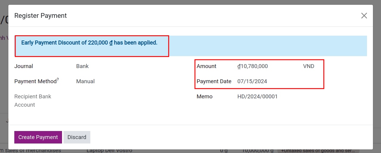 Create payment - Viindoo accounting software