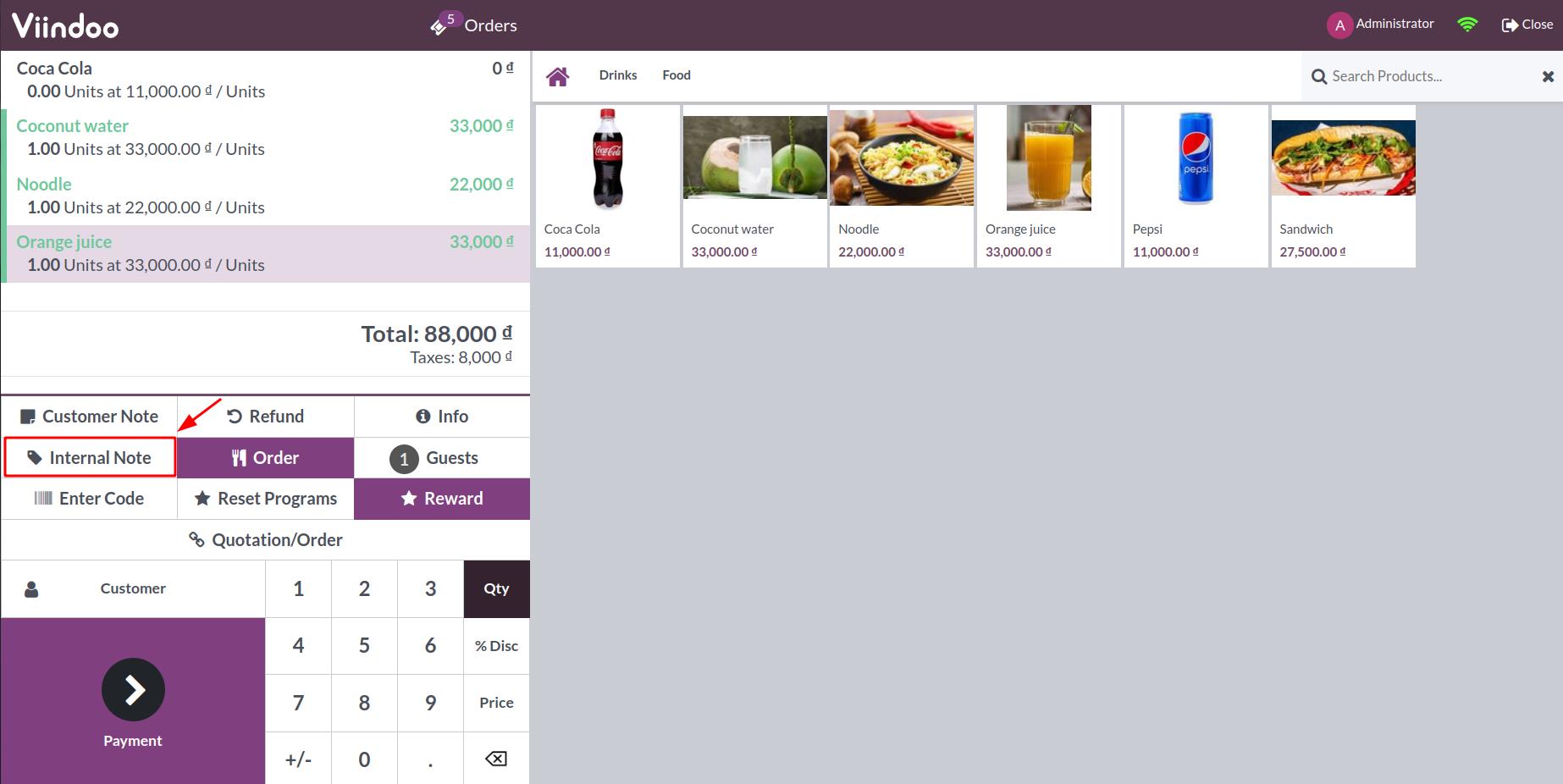 Add internal note to POS order