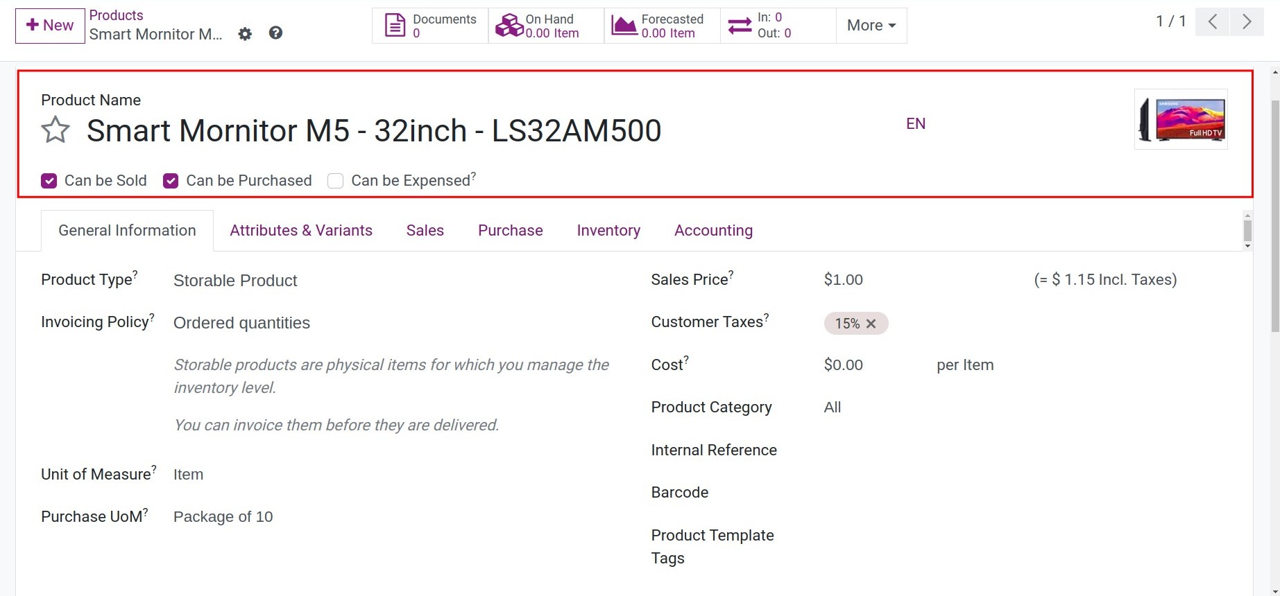 Basic information of products in Viindoo
