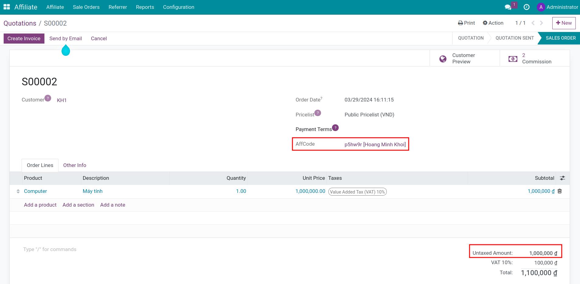 Sale order in Viindoo Affiliate