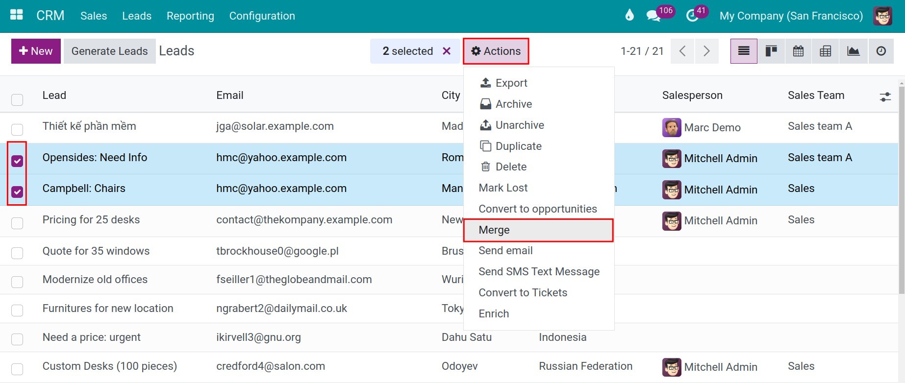 Merge Opportunity manually crm Viindoo