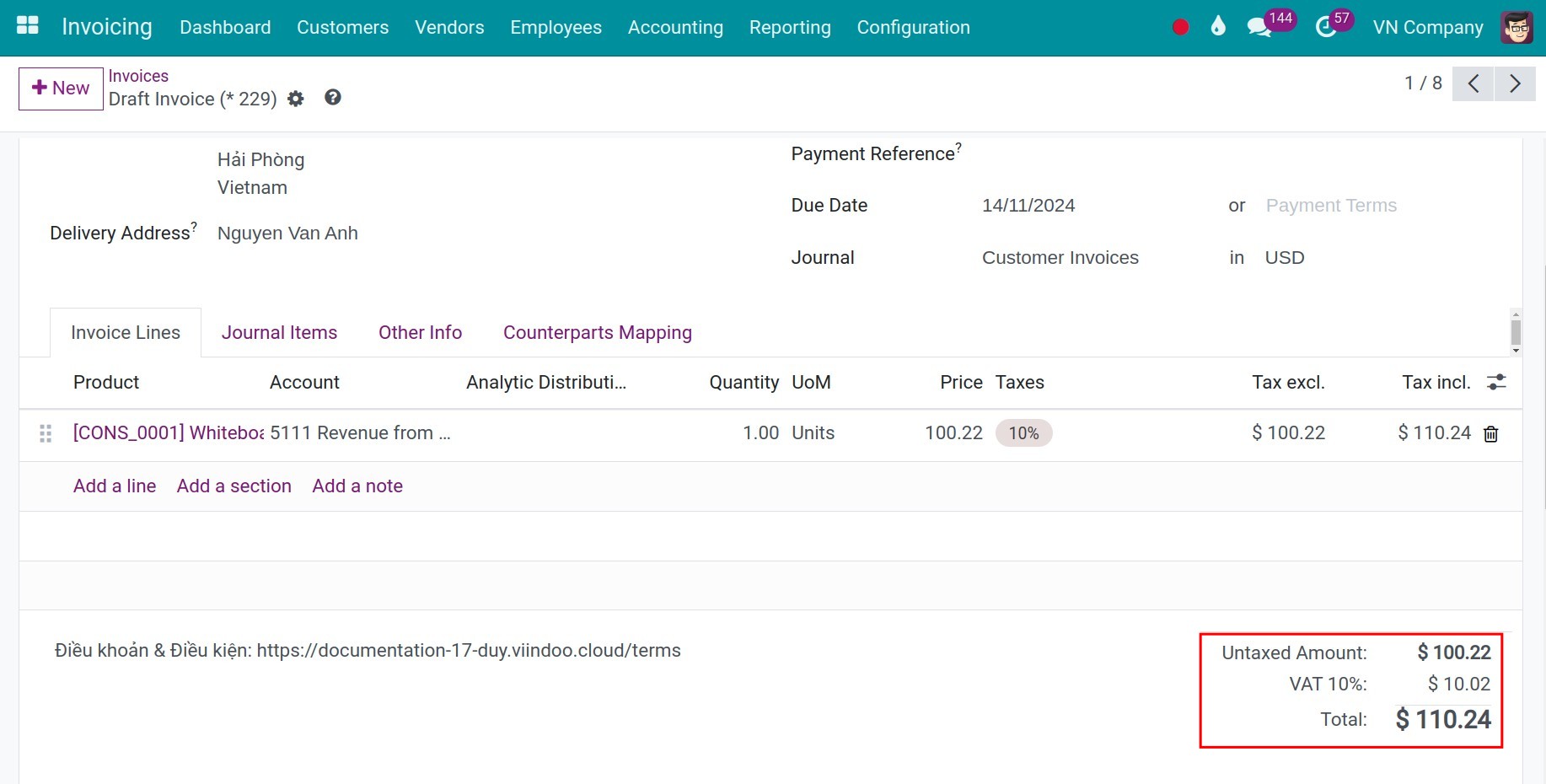Invoice Viindoo Accounting