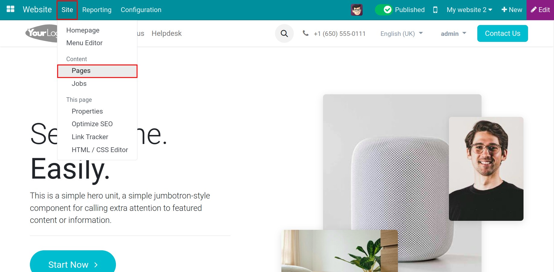 Manage the pages from the back end