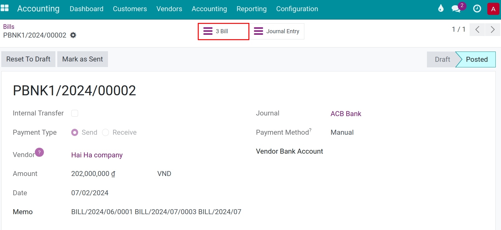 See bills linked to a payment in the Viindoo Accounting app