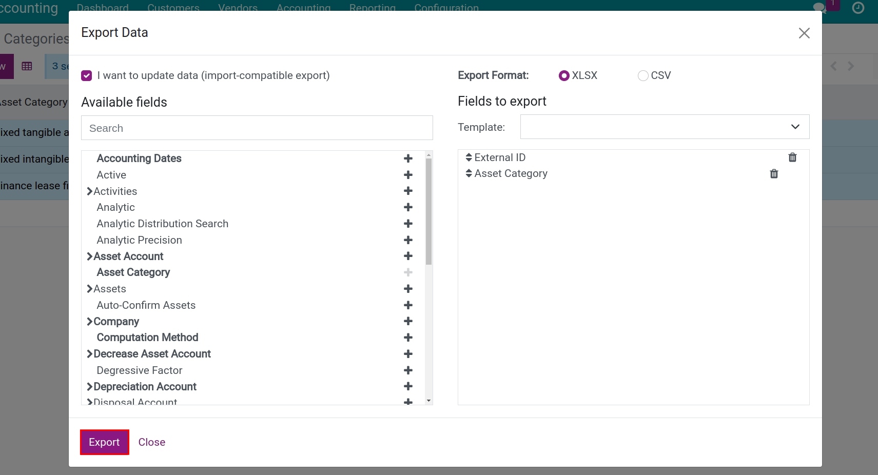 Export asset category ID