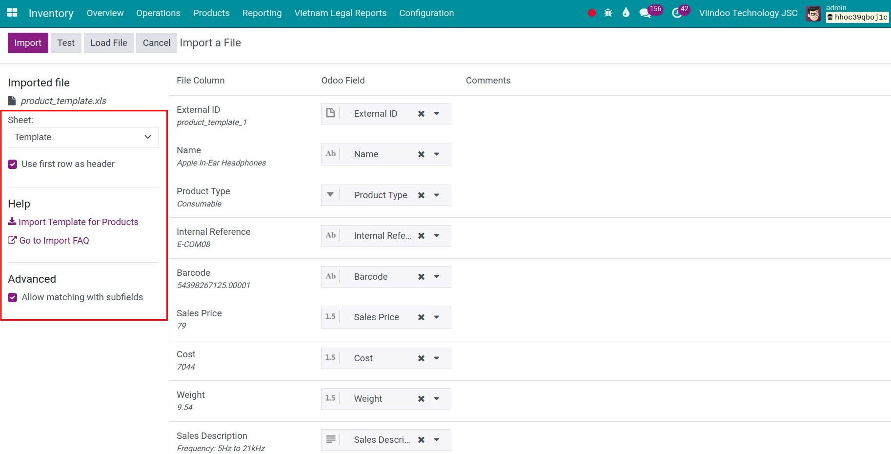 Viindoo Software’s options when importing data