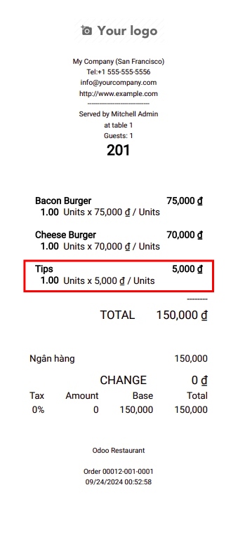 Viindoo POS payment invoice after adding tips